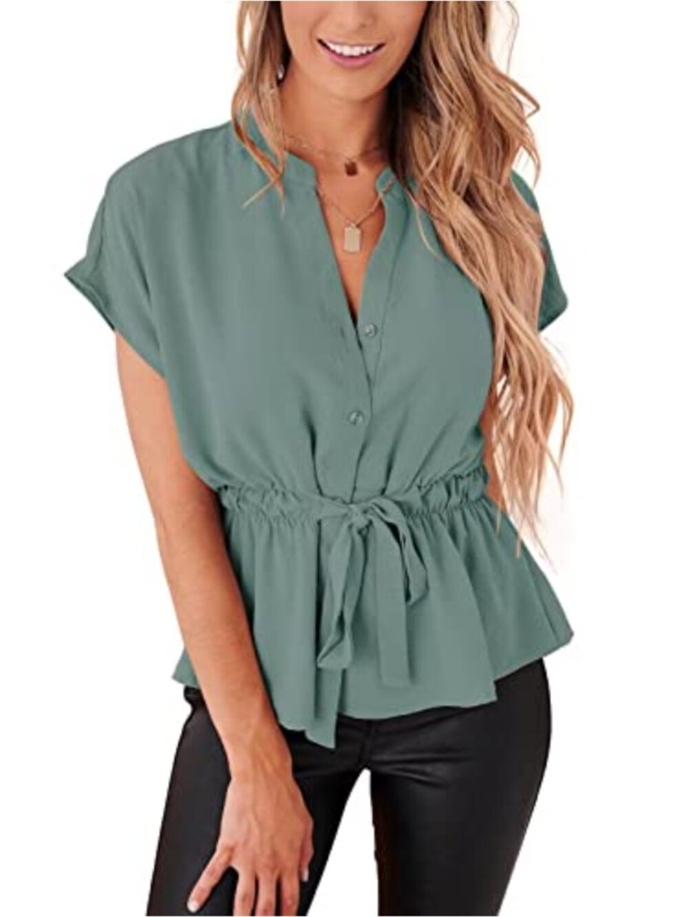 Womens Button Down Chiffon Blouse Peplum Short Sleeve Work Top